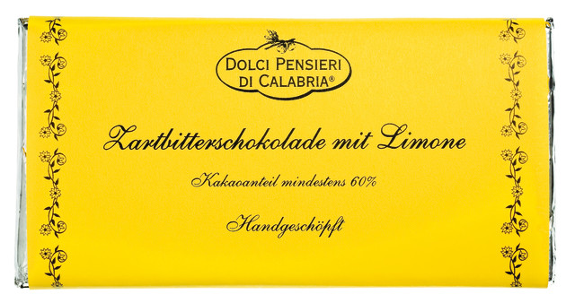 Cioccolato extra fondente al limone, mork choklad med citron, Dolci Pensieri - 100 g - svarta tavlan