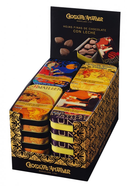 Hoja finas de chocolate con Leche, display, kronblad av mjolkchoklad, display, Amatller - 20 x 30 g - visa