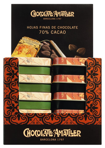 Hoja finas de chocolate 70% Cacao, display, kronblad av mork choklad, display, Amatller - 20 x 30 g - visa