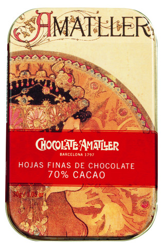 Hoja finas de chocolate 70% Cacao, display, kronblad av mork choklad, display, Amatller - 20 x 30 g - visa