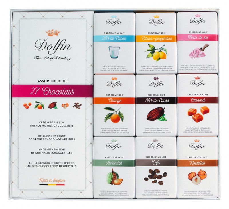 27 Chocolats minitablettivalikoimaa, lahjarasia, minitablettilajitelma (27 x 10 g), Dolfin - 270 g - pakkaus