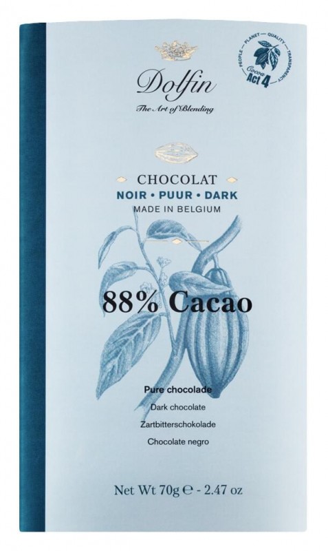 Barra de xocolata, fosca amb 88% cacau, pastilla, negra 88% cacau, Dolfin - 70 g - pissarra