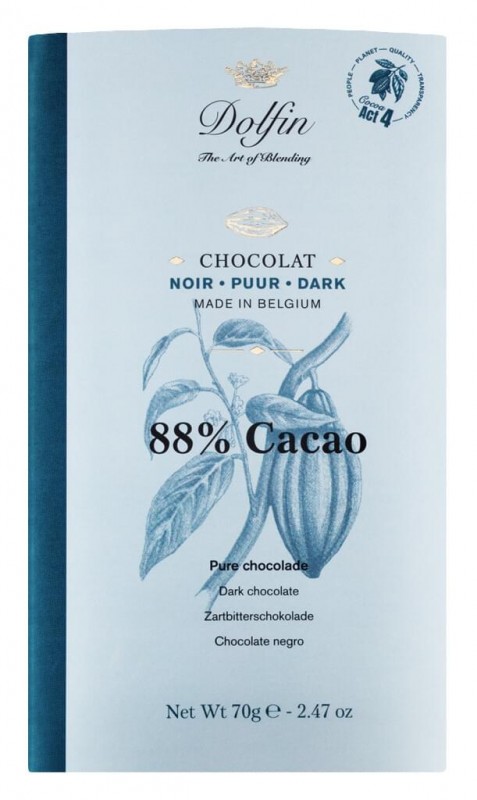 Bar coklat, gelap dengan 88% koko, tablet, noir 88% koko, Dolfin - 70g - papan hitam