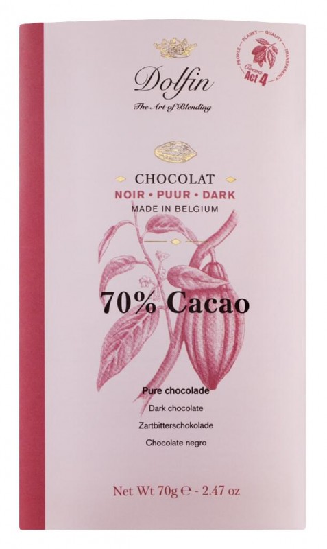 Tablet, noir 70% cacau, barra de chocolate, escuro 70% cacau, Dolfin - 70g - quadro-negro