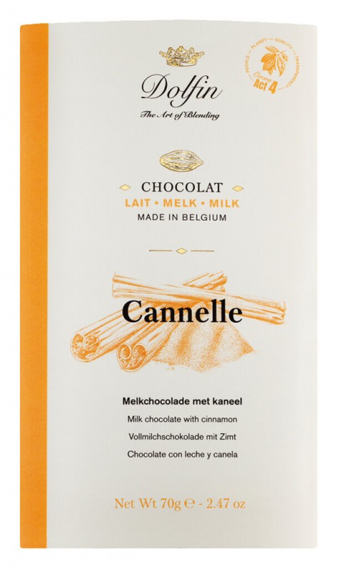 Comprimido, leite a la cannelle de Ceylan, barra de chocolate, leite integral com canela do Ceilao, Dolfin - 70g - quadro-negro