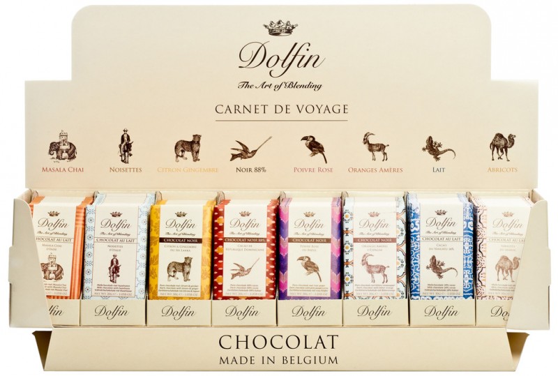 Mini tableta, presentoir Carnet de Voyage, soporte con 8 tipos de chocolate, Dolfin - 200x30g - mostrar