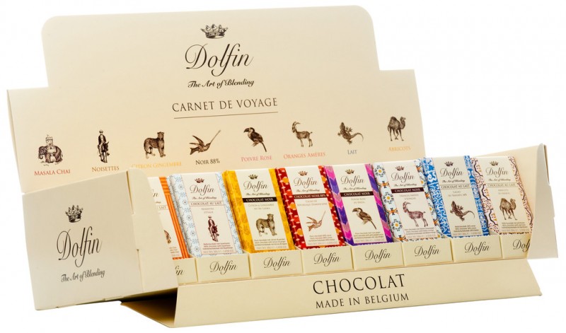 Minitablett, presentoir Carnet de Voyage, stativ med 8 sorters choklad, Dolfin - 200 x 30 g - visa