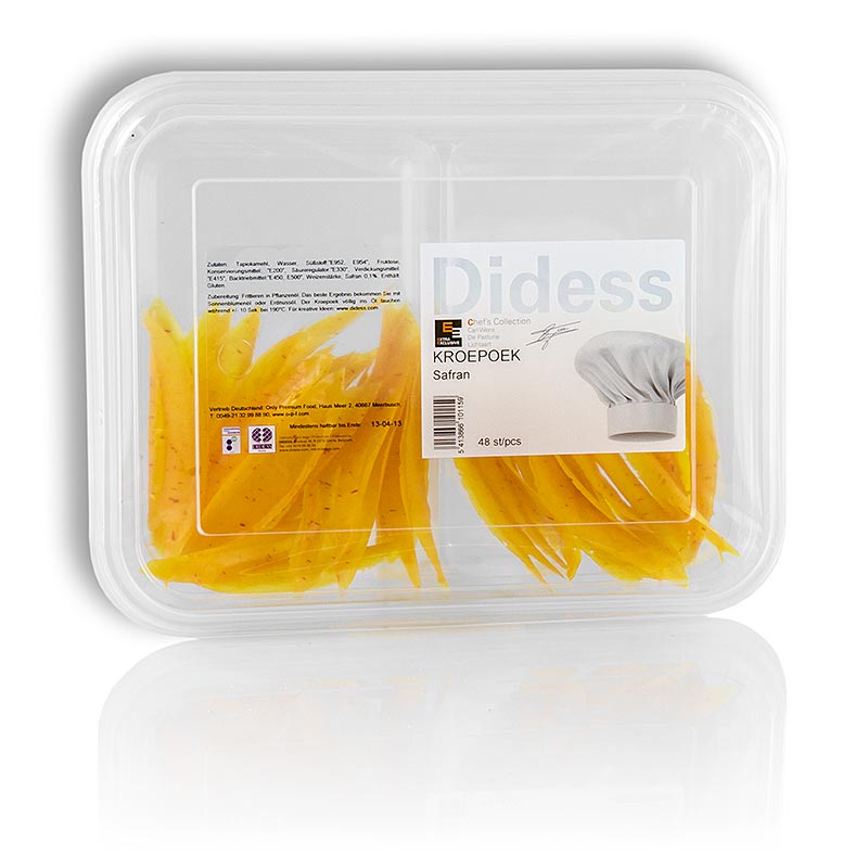 Kroepoek con azafran, crudo, amarillo - 105 g, 48 piezas - carcasa de polietileno