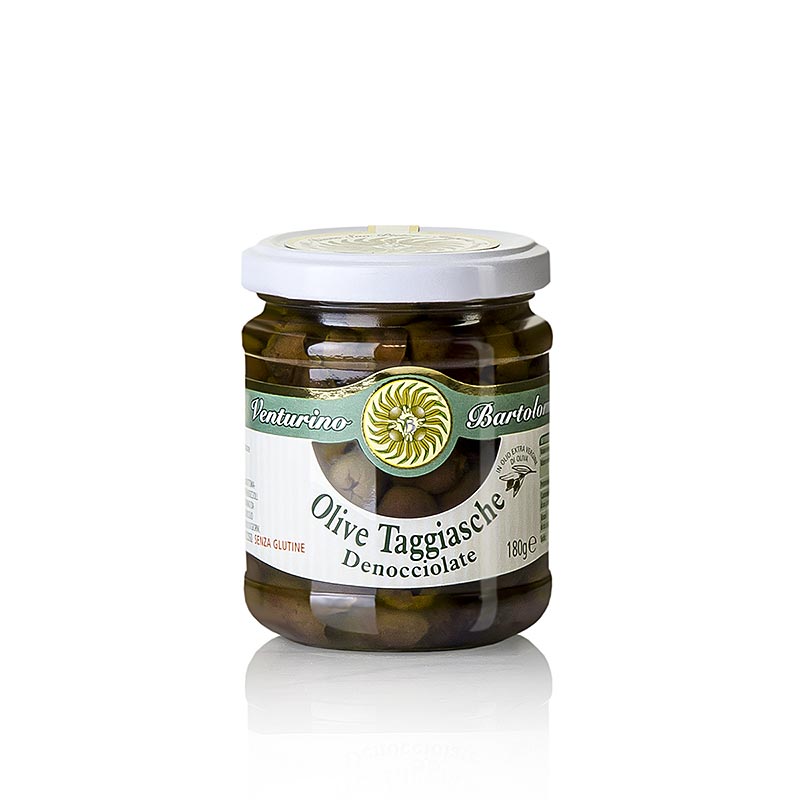 Barreja d`olives, olives Taggiasca verdes i negres, sense pinyol, en oli, Venturino - 180 g - Vidre