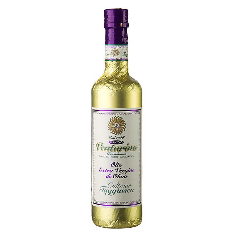 Ekstraneitsytoliivioljy, Venturino, 100% Taggiasca-oliiveja, kultafolio - 500 ml - Pullo