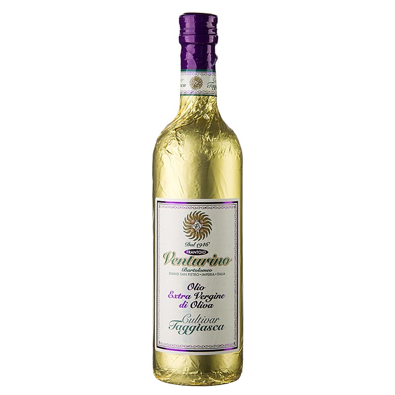 Ekstraneitsytoliivioljy, Venturino, 100% Taggiasca-oliiveja, kultafolio - 750 ml - Pullo