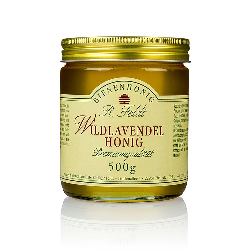 Miele di lavanda selvatica, regione mediterranea, liquido, limpido, non dolce dell`Apicoltura Feldt - 500 g - Bicchiere