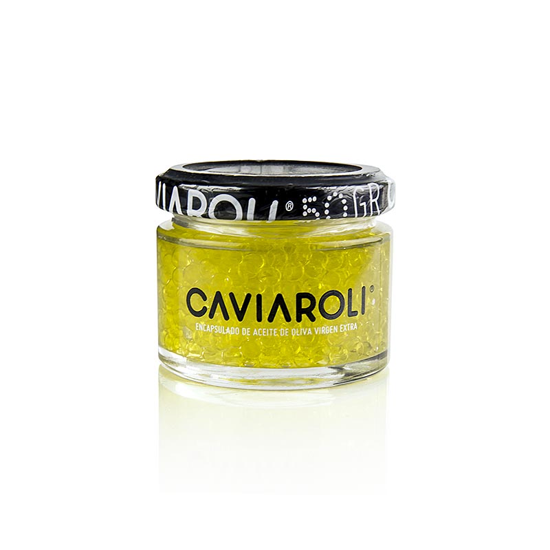 Caviar de aceite de oliva Caviaroli®, pequenas perlas de aceite de oliva virgen extra, amarillo - 50 gramos - Vaso