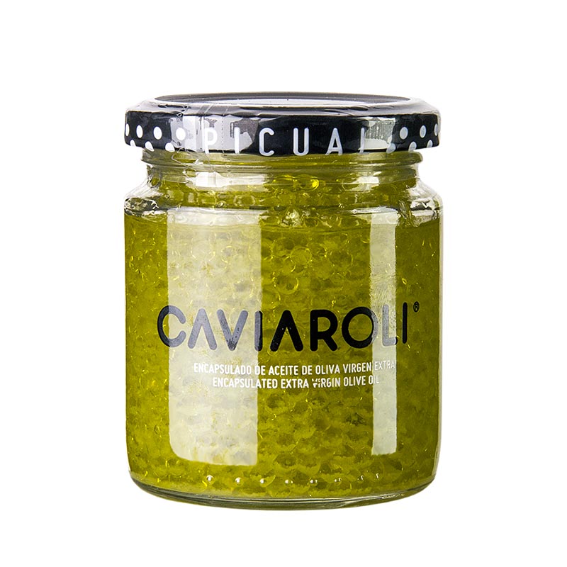 Caviar d`oli d`oliva Caviaroli®, petites perles d`oli d`oliva verge extra, groc - 200 g - Vidre