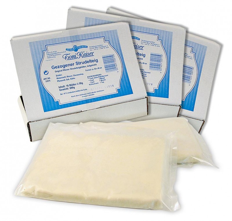 Adonan strudel, siap pakai, lembaran 40 x 40 cm, Toni Kaiser - 2,4kg, 48 lembar - Kardus Adonan strudel, siap pakai, lembaran 40 x 40 cm, Toni Kaiser - 2,4kg, 48 lembar - Kardus