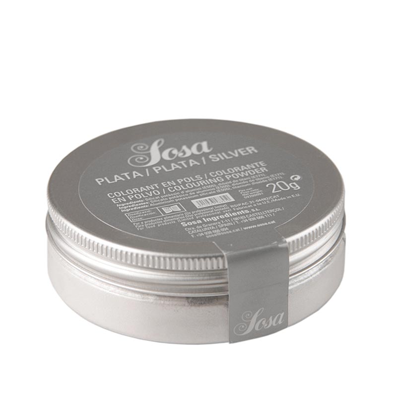 Lebensmittelfarbe, silber metallisch, wasserlösliches Puder, Sosa - 20 g - Pe-dose Lebensmittelfarbe, silber metallisch, wasserlösliches Puder, Sosa - 20 g - Pe-dose