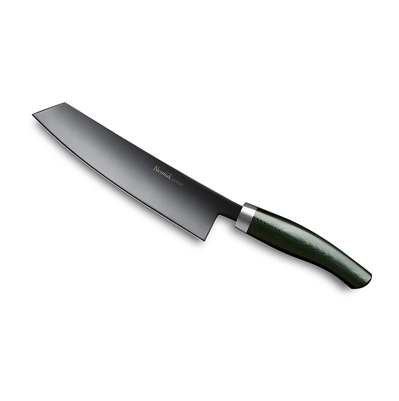Nesmuk Janus 5.0 kokkekniv, 180 mm, hylster i rustfritt stal, groent Micarta-handtak - 1 stk - eske Nesmuk Janus 5.0 kokkekniv, 180 mm, hylster i rustfritt stal, groent Micarta-handtak - 1 stk - eske