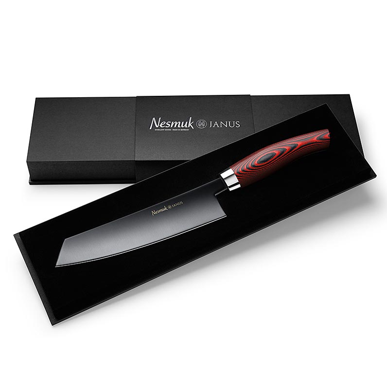 Cuchillo cocinero Nesmuk Janus 5.0, 180mm, virola de acero inoxidable, mango de Micarta roja - 1 pieza - caja