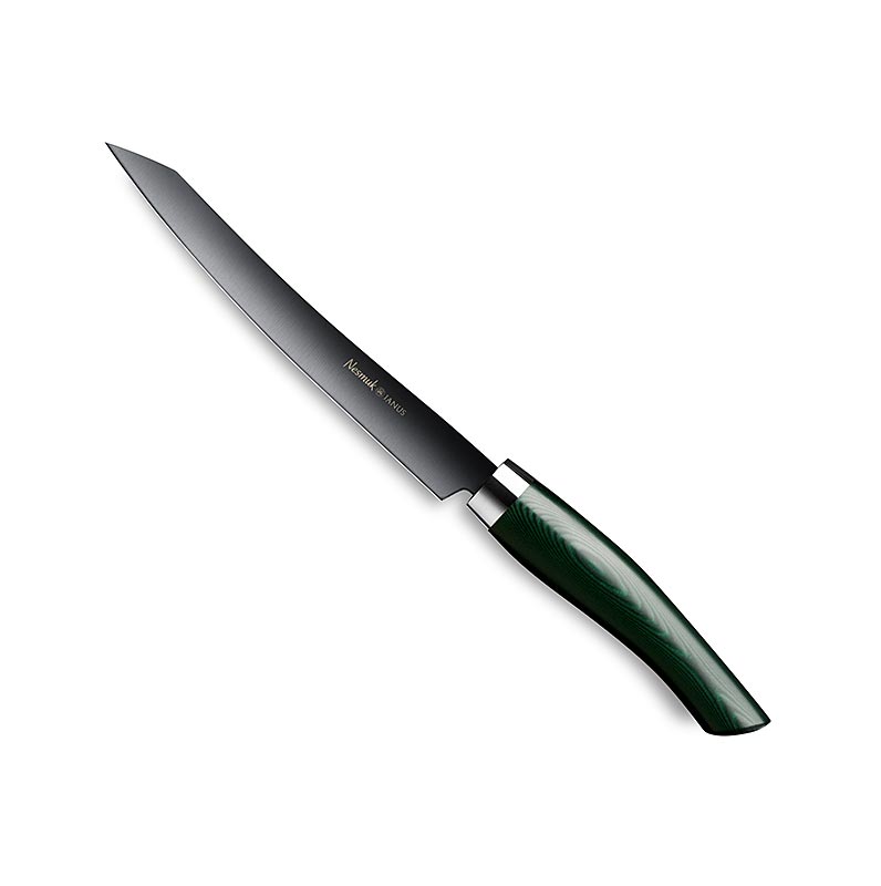 Nesmuk Janus 5.0 slicer, 160 mm, hylster i rustfritt stal, groent Micarta-handtak - 1 stk - eske Nesmuk Janus 5.0 slicer, 160 mm, hylster i rustfritt stal, groent Micarta-handtak - 1 stk - eske
