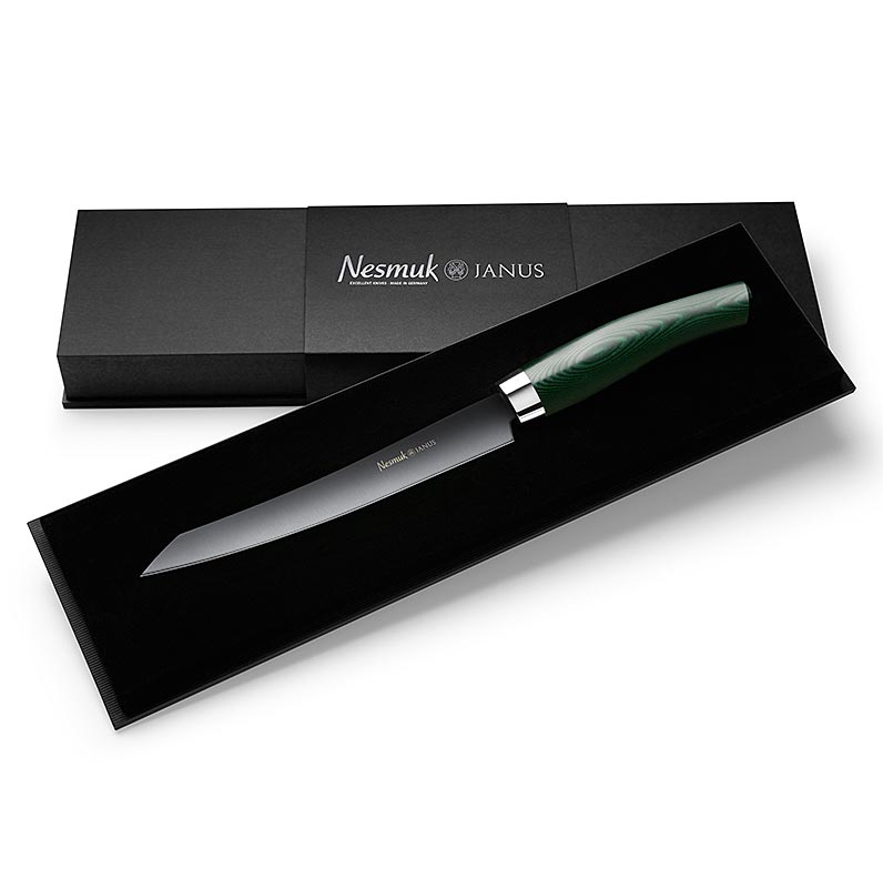 Nesmuk Janus 5.0 slicer, 160 mm, hylster i rustfritt stal, groent Micarta-handtak - 1 stk - eske Nesmuk Janus 5.0 slicer, 160 mm, hylster i rustfritt stal, groent Micarta-handtak - 1 stk - eske