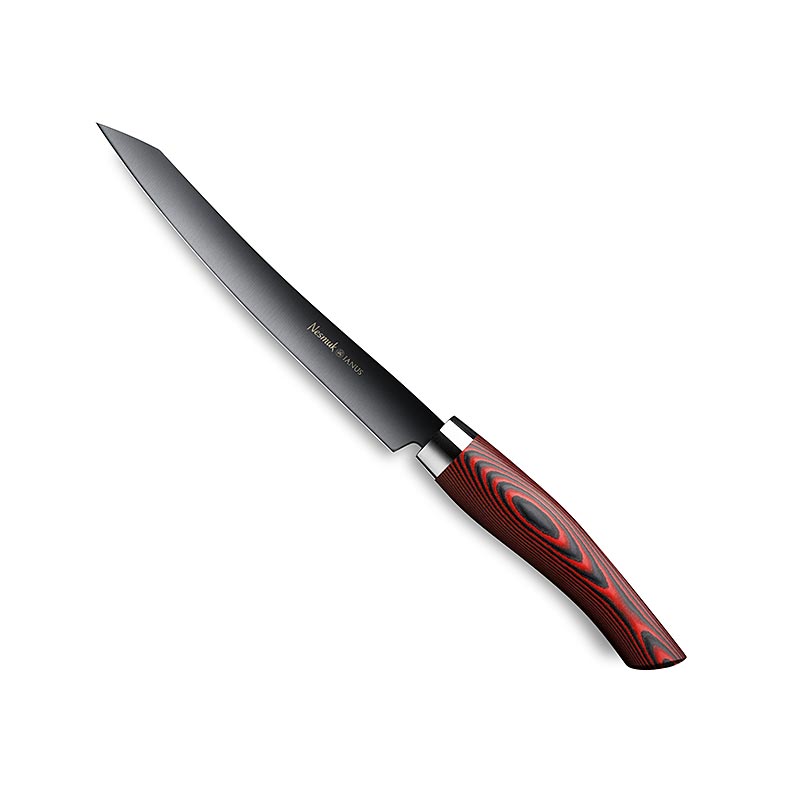 Cortadora Nesmuk Janus 5.0, 160mm, virola de acero inoxidable, mango de Micarta roja - 1 pieza - caja