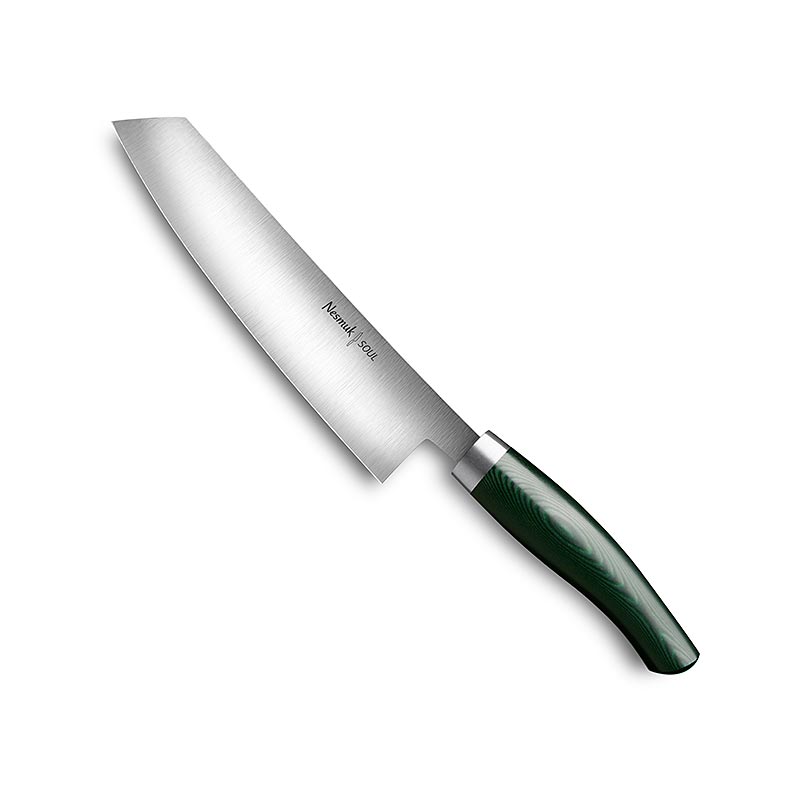 Nesmuk Soul 3.0 kokkekniv, 180 mm, hylster i rustfritt stal, groent Micarta-handtak - 1 stk - eske