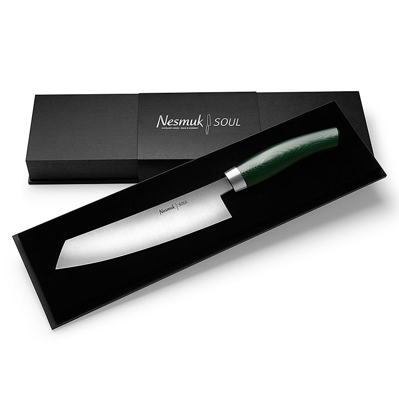 Nesmuk Soul 3.0 kokkekniv, 180 mm, hylster i rustfritt stal, groent Micarta-handtak - 1 stk - eske