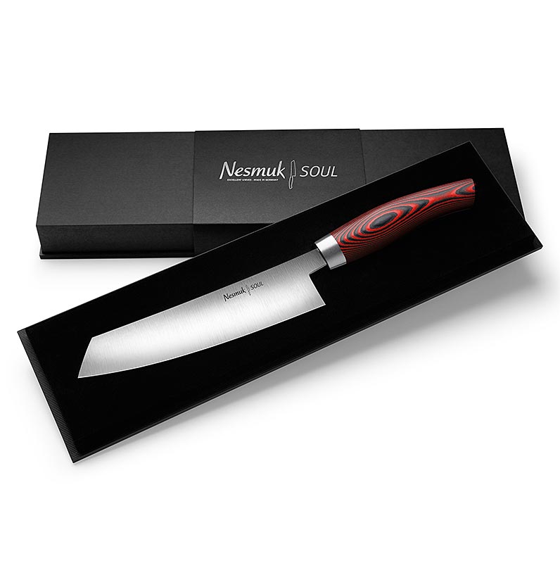 Nesmuk Soul 3.0 kokkekniv, 180 mm, hylse i rustfritt stal, roedt Micarta-handtak - 1 stk - eske
