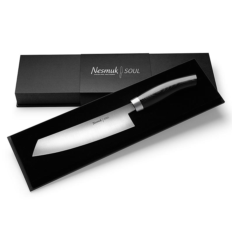 Cuchillo cocinero Nesmuk Soul 3.0, 180mm, virola de acero inoxidable, mango de Micarta negra - 1 pieza - caja