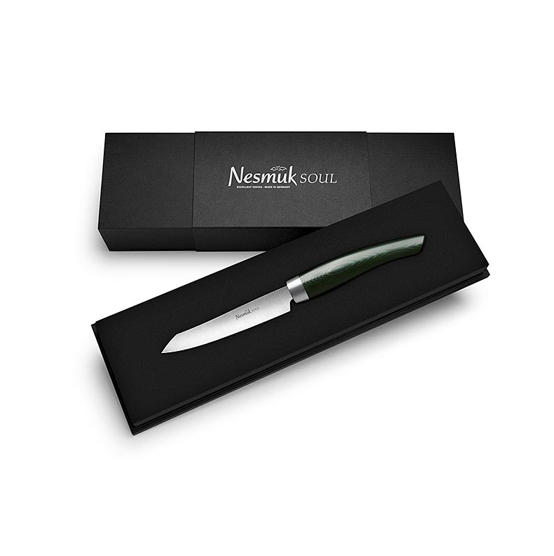 Coltello da ufficio / spelucchino Nesmuk Soul 3.0, 90mm, ghiera in acciaio inox, manico verde Mircarta - 1 pezzo - scatola