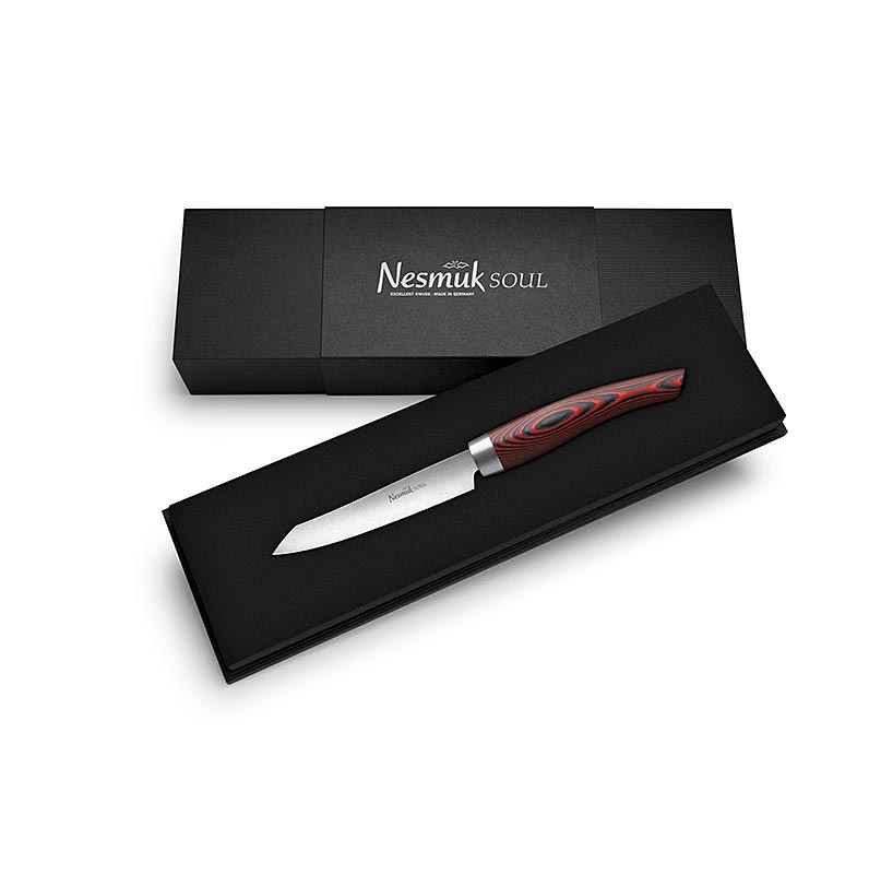 Coltello da ufficio / spelucchino Nesmuk Soul 3.0, 90mm, ghiera in acciaio inossidabile, manico rosso Mircarta - 1 pezzo - scatola