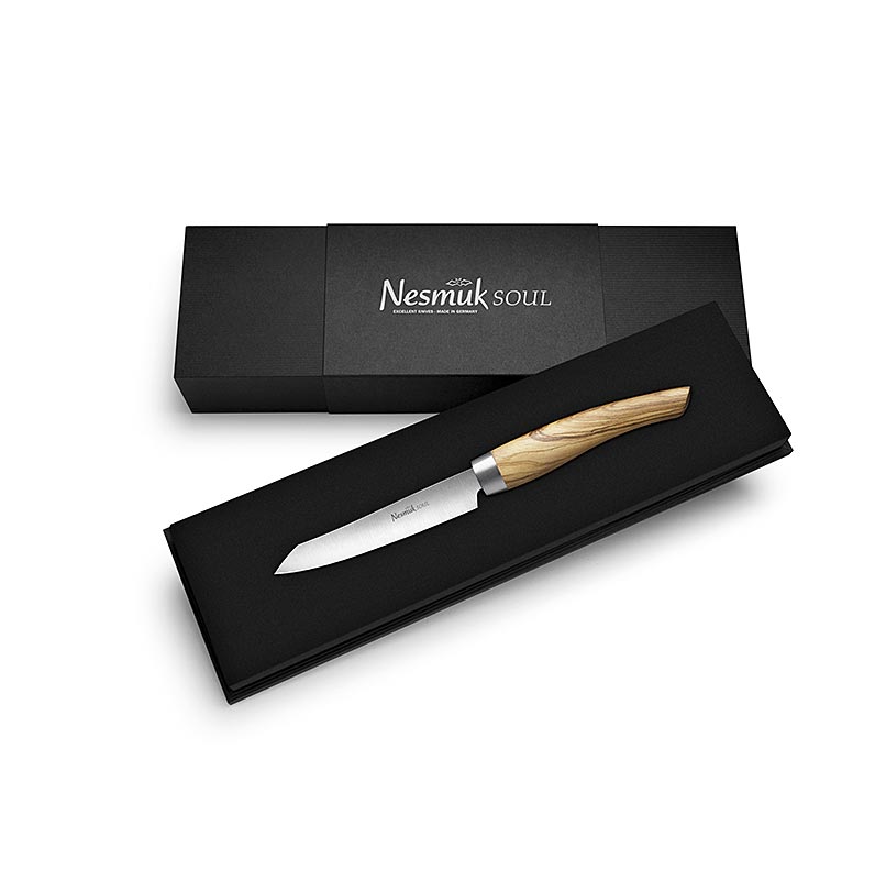 Cuchillo de oficina / pelador Nesmuk Soul 3.0, 90 mm, virola de acero inoxidable, mango de madera de olivo - 1 pieza - caja