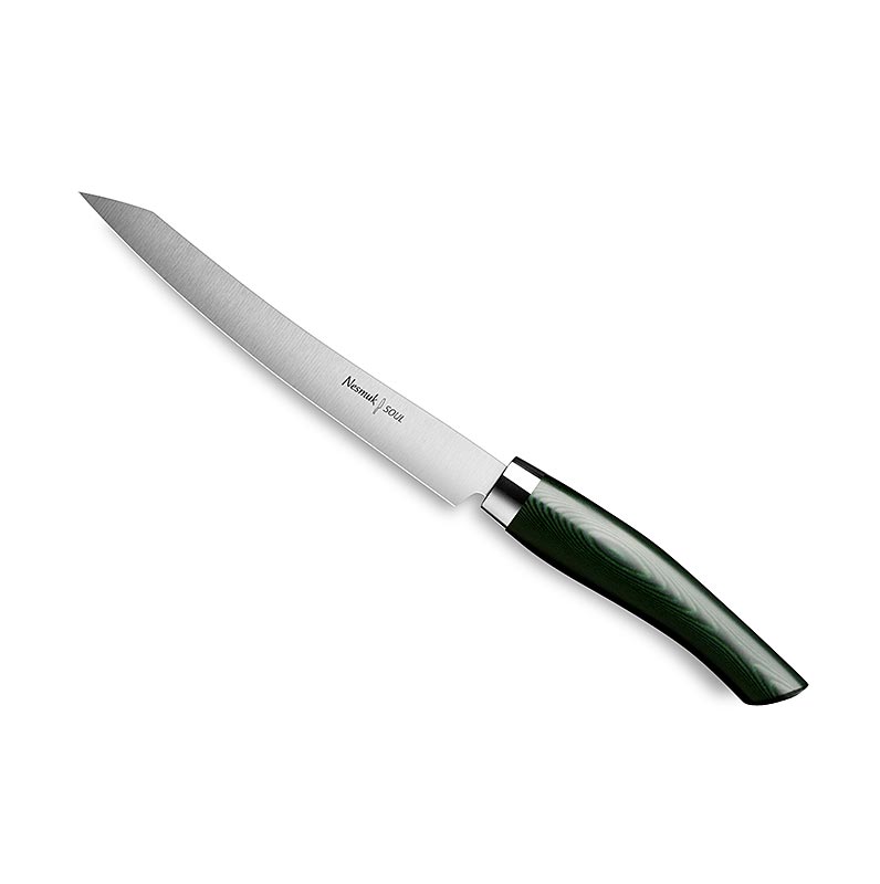 Nesmuk Soul 3.0 Slicer, 160 mm, hylster i rustfritt stal, groent Micarta-handtak - 1 stk - eske