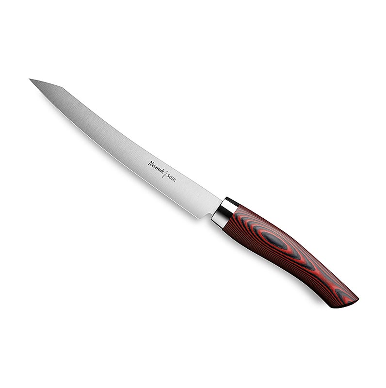 Nesmuk Soul 3.0 Slicer, 160 mm, hylster i rustfritt stal, roedt Micarta-handtak - 1 stk - eske Nesmuk Soul 3.0 Slicer, 160 mm, hylster i rustfritt stal, roedt Micarta-handtak - 1 stk - eske
