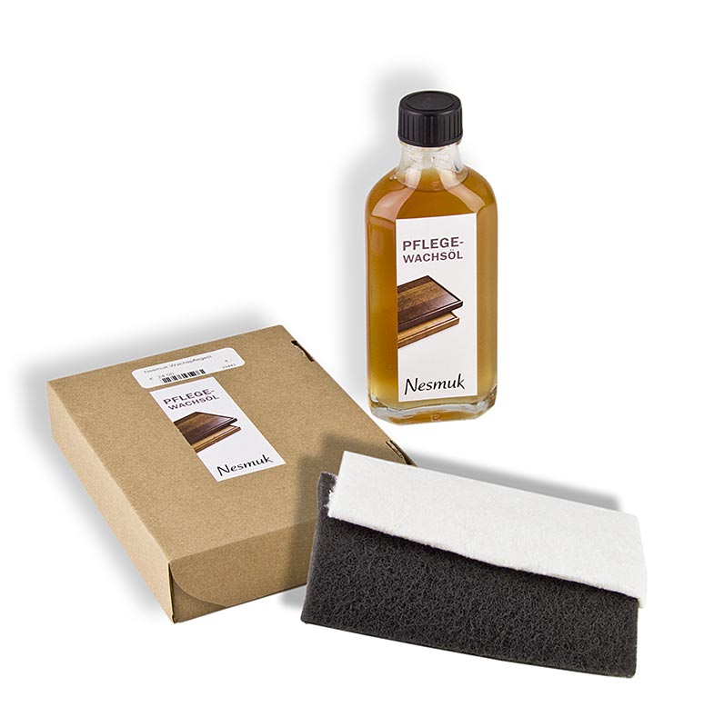 leo de cera de cuidado Nesmuk para tabuas de carvalho Nesmuk, com la abrasiva e pano de algodao - 100ml - Garrafa leo de cera de cuidado Nesmuk para tabuas de carvalho Nesmuk, com la abrasiva e pano de algodao - 100ml - Garrafa