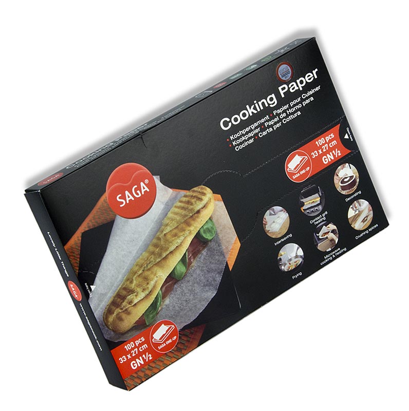 Kertas pembakar minyak masak Saga, dipotong kepada 27 x 33cm, dalam dispenser - 100 helai - kotak Kertas pembakar minyak masak Saga, dipotong kepada 27 x 33cm, dalam dispenser - 100 helai - kotak