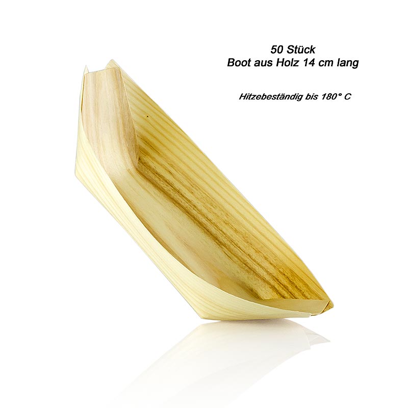 Barca usa e getta in legno, circa 14 cm, resistente al calore fino a 180° C - 50 pezzi - Foglio Barca usa e getta in legno, circa 14 cm, resistente al calore fino a 180° C - 50 pezzi - Foglio