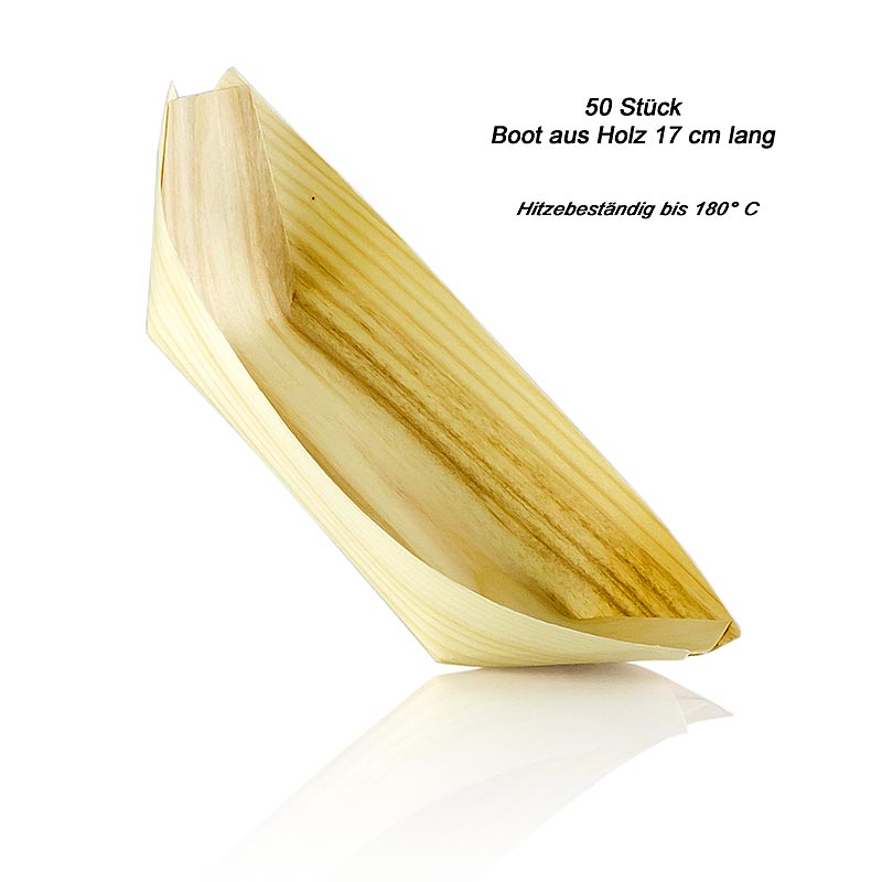 Barca usa e getta in legno, circa 17 - 18 cm, resistente al calore fino a 180° C - 50 pezzi - Foglio Barca usa e getta in legno, circa 17 - 18 cm, resistente al calore fino a 180° C - 50 pezzi - Foglio