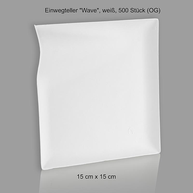 Pinggan pakai buang gelombang, diperbuat daripada gentian tebu, putih, segi empat dengan gelombang, 15 x 15 cm - 500 keping - beg