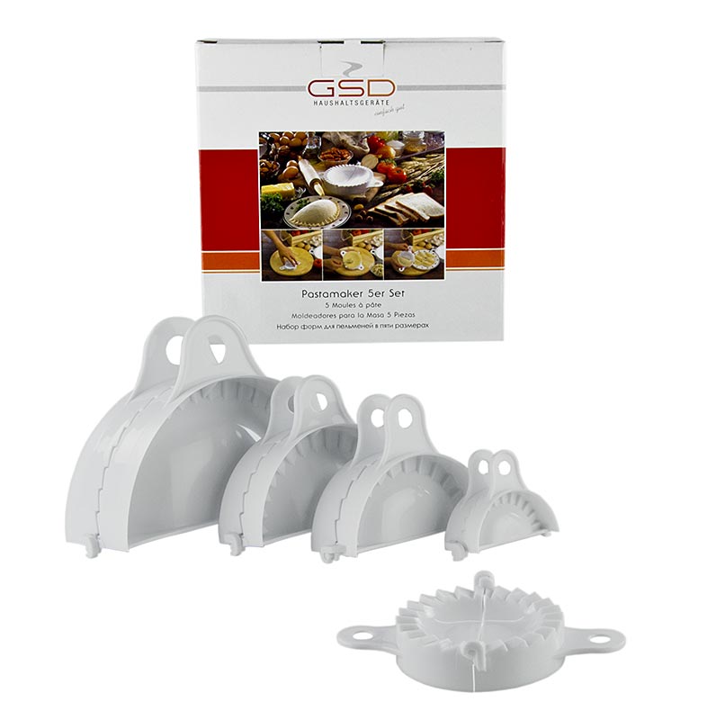 Fabricante de massas, moldes de plastico para ravioli, Maultaschen, pizza calzone etc. - 5 pecas. - Cartao