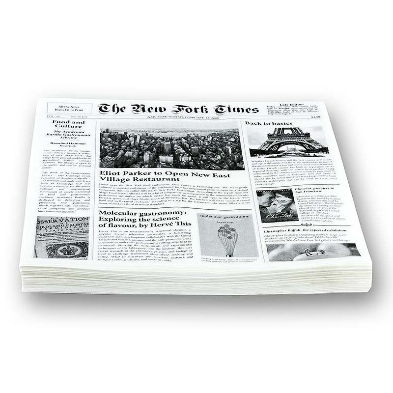 Snackpapper med tidningstryck, ca 290 x 300 mm, New Fork Times - 500 ark - folie