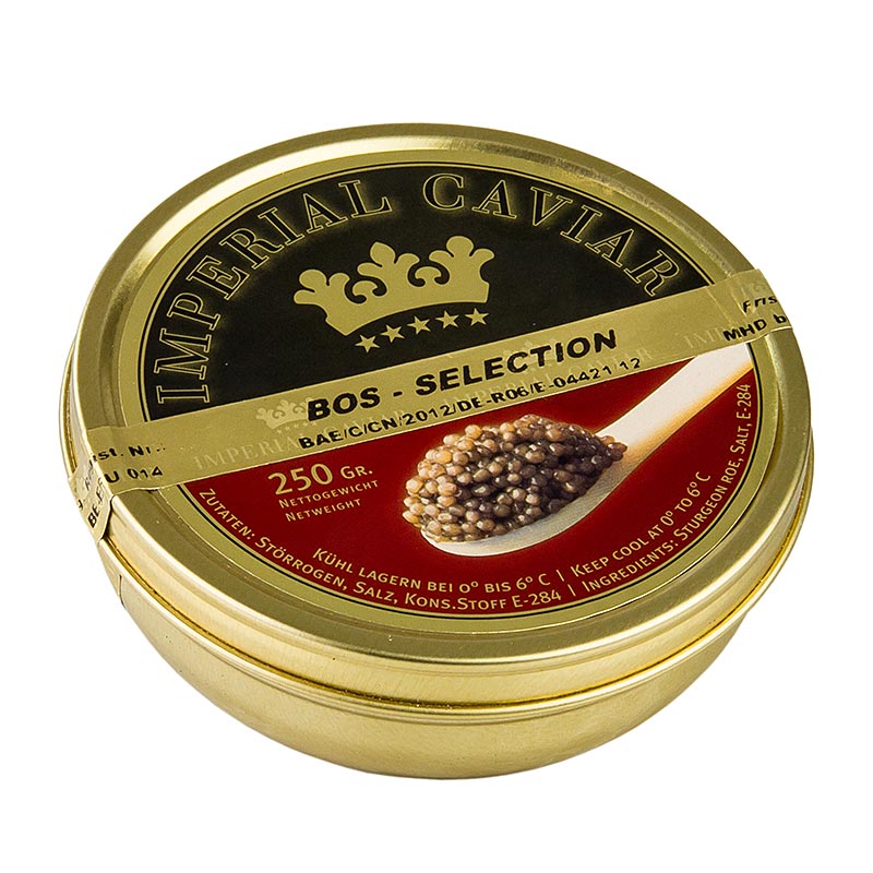 Urval av kaviar fran den sibiriska storen Acipenser baerii, vattenbruk Kina - 250 g - burk