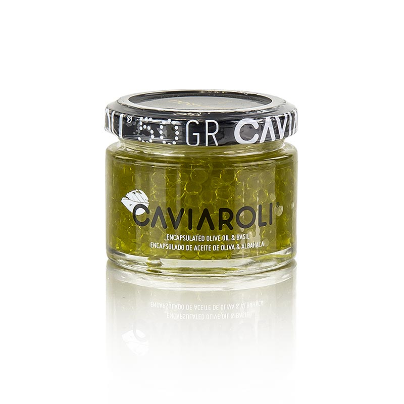 Caviaroli® caviale all`olio d`oliva, piccole perle d`olio d`oliva al basilico, verde - 50 g - Bicchiere