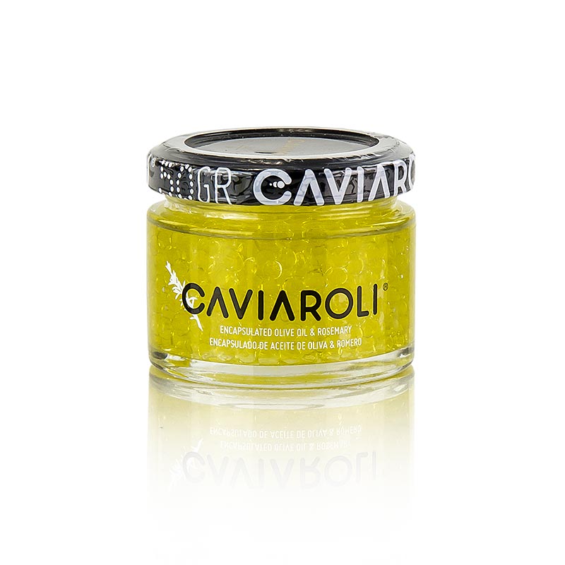 Caviar d`oli d`oliva Caviaroli®, petites perles d`oli d`oliva amb romani, verd - 50 g - Vidre