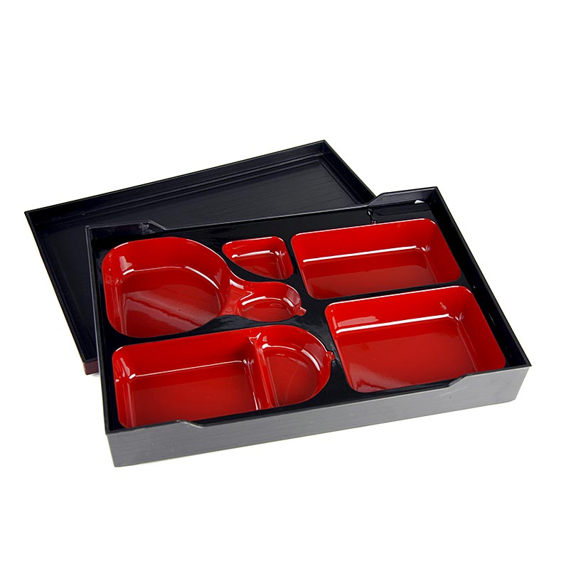 Bento Box, schwarz, roter Einsatz, Kunststoff, 38x26cm, 6,5cm hoch - 1 St - Lose Bento Box, schwarz, roter Einsatz, Kunststoff, 38x26cm, 6,5cm hoch - 1 St - Lose