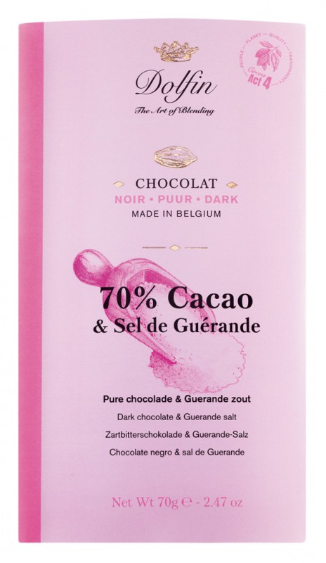 Tablett, svart 70 % kakao og Fleur de Sel, sjokoladebar, moerk 70 % og Fleur de Sel, Dolfin - 70 g - Stykke