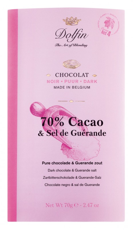 Tablete, e zeze 70% kakao dhe Fleur de Sel, bar cokollate, e erret 70% dhe Fleur de Sel, Dolfin - 70 gr - Pjese Tablete, e zeze 70% kakao dhe Fleur de Sel, bar cokollate, e erret 70% dhe Fleur de Sel, Dolfin - 70 gr - Pjese