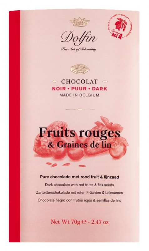 Tableta, noir auxfruits rouge et graines de lin, chocolate negro con frutos rojos y linaza, Dolfin - 70g - Pedazo
