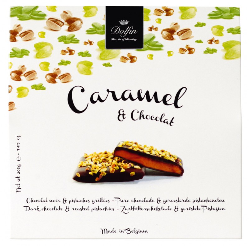 Caramel au beurre sale aux pistaches grillees, caramelo com manteiga salgada e pistache torrado, Dolfin - 200g - pacote