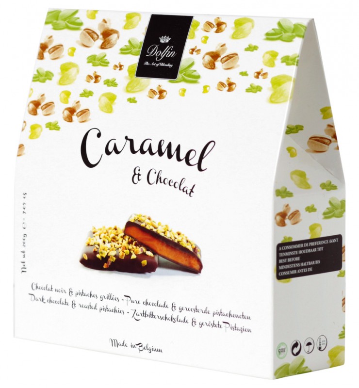 Caramel au beurre sale aux pistaches grille, saltet smoer karamell med ristede pistasjenoetter, Dolfin - 200 g - pakke